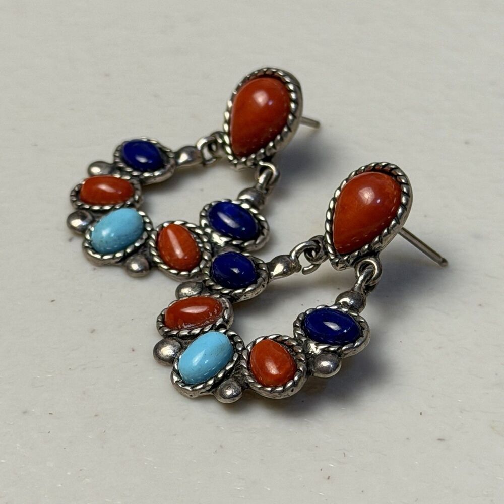 Vintage Multistone Southwestern Q.T. Cluster Sterling Silver Earrings